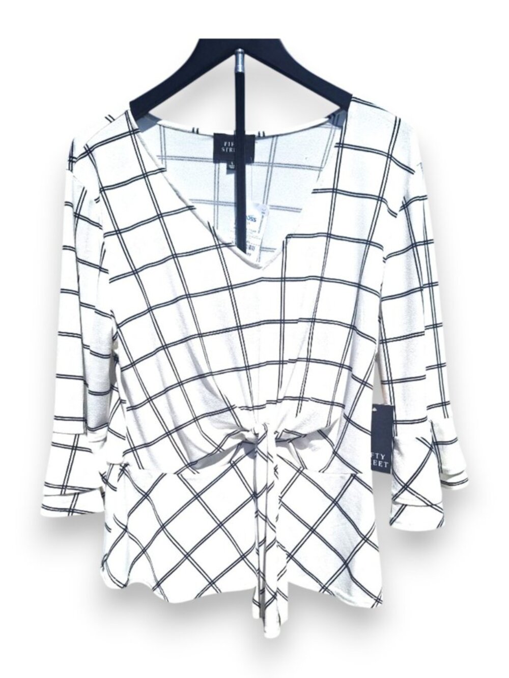 Fifty Street Black & White Windowpane Print Peplum Blouse Tie Front Size L
